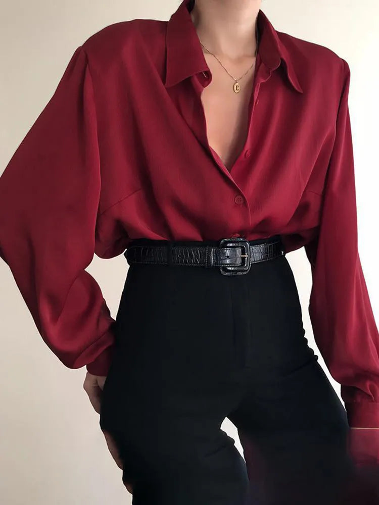 maoxiangshopWomen Button Blouses Turn Down Collar Shirts Office Lady Long Sleeve Casual Blouse Loose OL Shirt Baggy Tops Red/Wine Red /Black