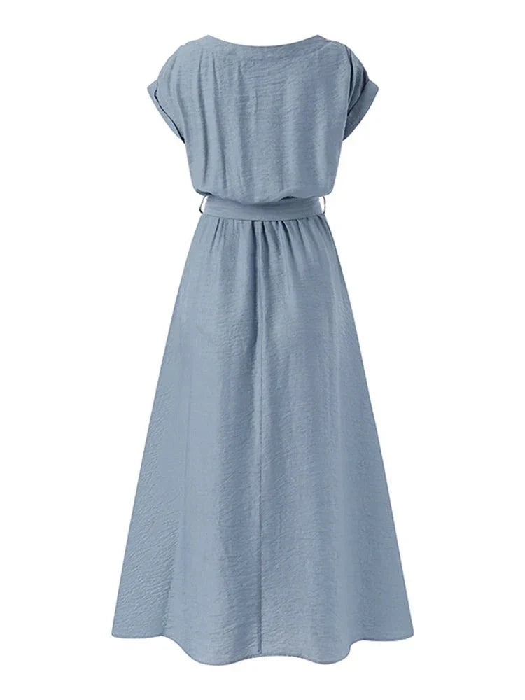 maoxiangshop Women Fashion Solid Holiday Sundress Summer Elegant Short Sleeve Party Midi Dress With Belted Casual OL Work Vestido Robe