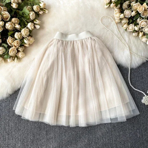 maoxiangshop Sweet Women Mini Skirt Mesh Solid Tierred Ruffles Elastic Waist Women's Clothing Almighty A-line Tulle Skirts Summer