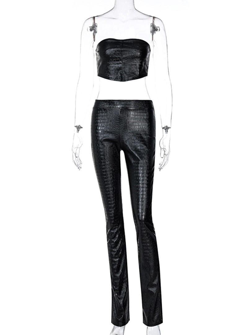 maoxiangshop Sleeveless Solid Pu Leather Backless Tube Top Leggings 2 Pieces Set Autumn Winter Women Sexy Streetwear Tracksuit