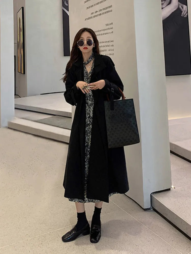 Lapel Women Trench Coat Topcoat Double-breasted Casual Coat Pure Color Autumn Winter Overgarment Waistband Windbreak Jacket