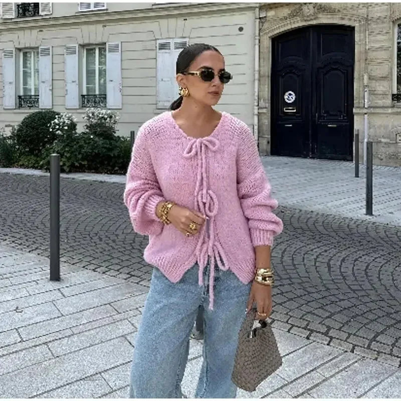 maoxiangshop - Fashion Lace Up Bow Knitted Cardigan Woman O Neck Long Sleeve Hollow Out Sweater Coat Autumn Female Casual High Street Knitwear
