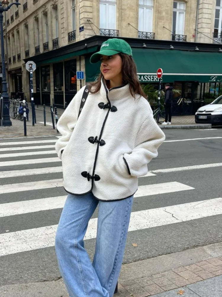 maoxiangshop - Fashion Contrast Lamb Wool Jacket Women Casual Single Breasted Stand Collar Long Sleeves Thick Coat Autumn Winter Lady Outwear