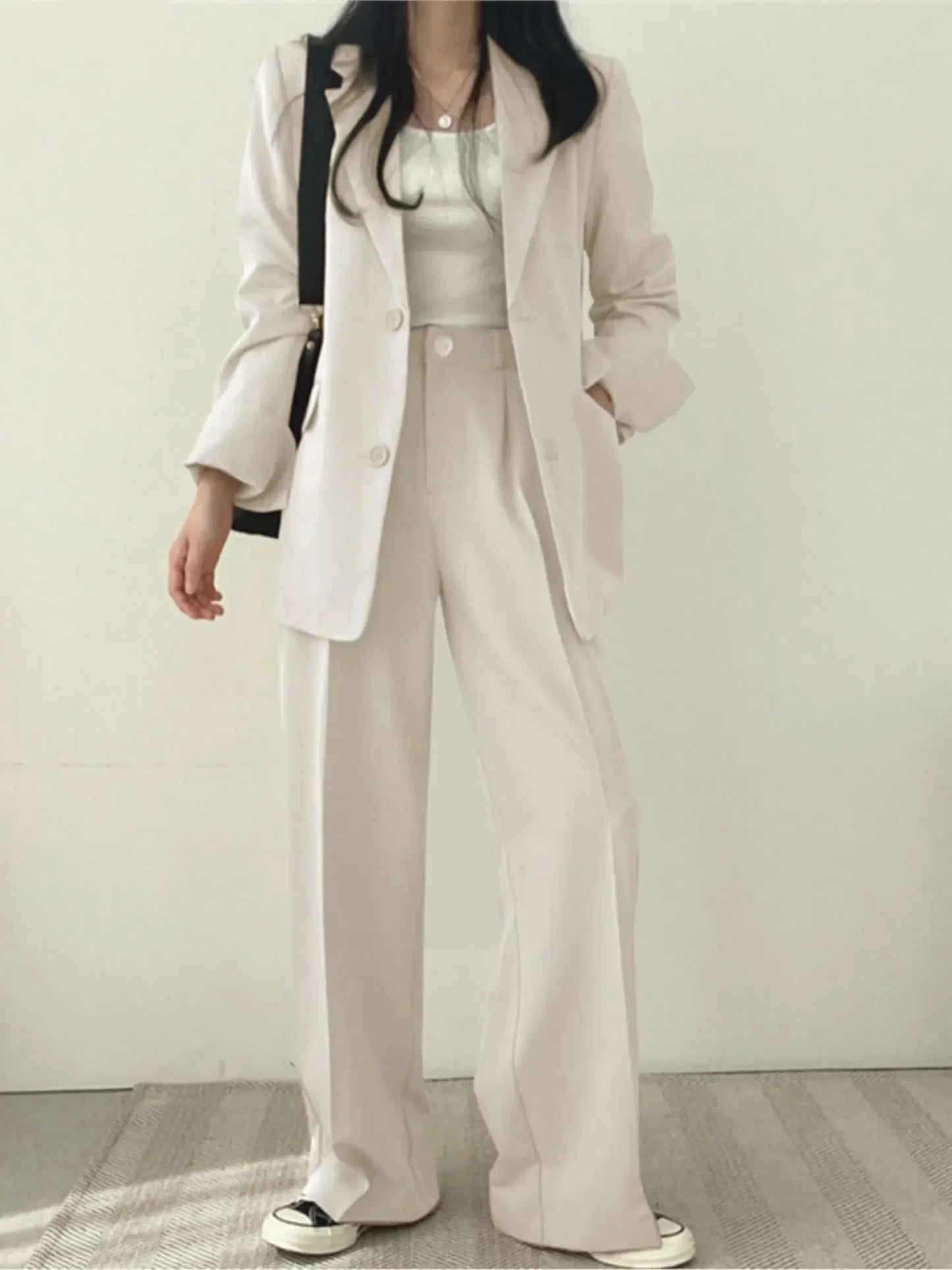 Korean Office Lady Fashion Blazer Suit Women's Two-Piece Set Casual Button Jacket Wide Leg Pants Outfits Work Clothes Autumn New