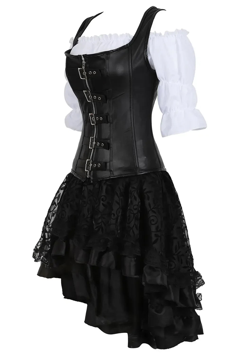 maoxiangshop - Leather Pirate Corset Steampunk Vintage Corsets Zip Bustier Sexy Skirt White Blouse Set Gothic Carnival Costumes