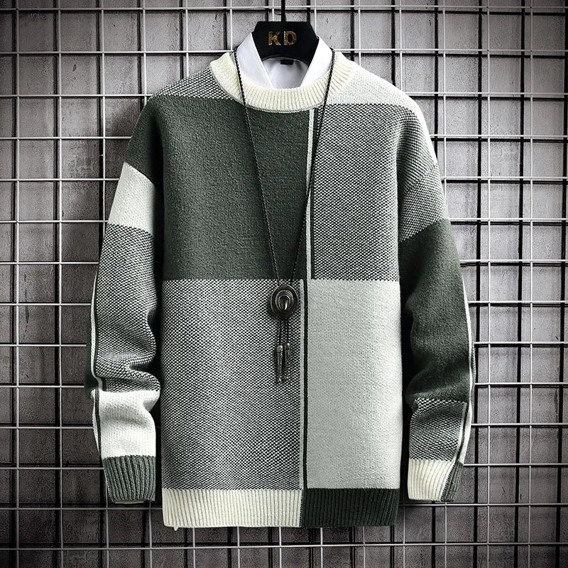 maoxiangshop Half High Collar Color Blocking Warm Sweater/ High Quality Men Spring Autumn Slim Leisure Korean Long Sleeve Loose Knit Pullover
