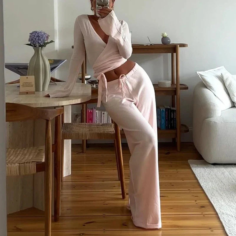 maoxiangshop - Vintage 2 Piece Outfit V Neck Waist Tie T-shirt + Elastic Waist Pants Women Fashion Lounge Set Autumn Long Sleeve Crop Tops