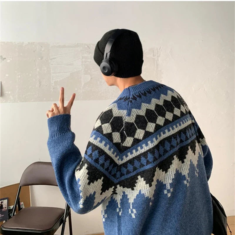 maoxiangshop Mens Sweater Vintage Pullover Turtleneck Casual Sweaters for Men Clothing Geometry Pullovers Casual Free Shipping Male Clothes