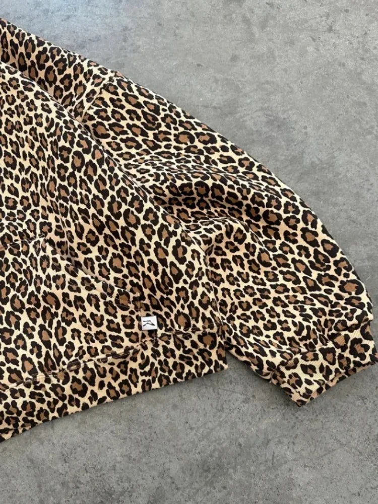 maoxiangshop Y2k Leopard Print Vintage Hoodies Women American Retro Fashion Streetwear Hiphop Oversized Hooded Sweatshirt Autumn