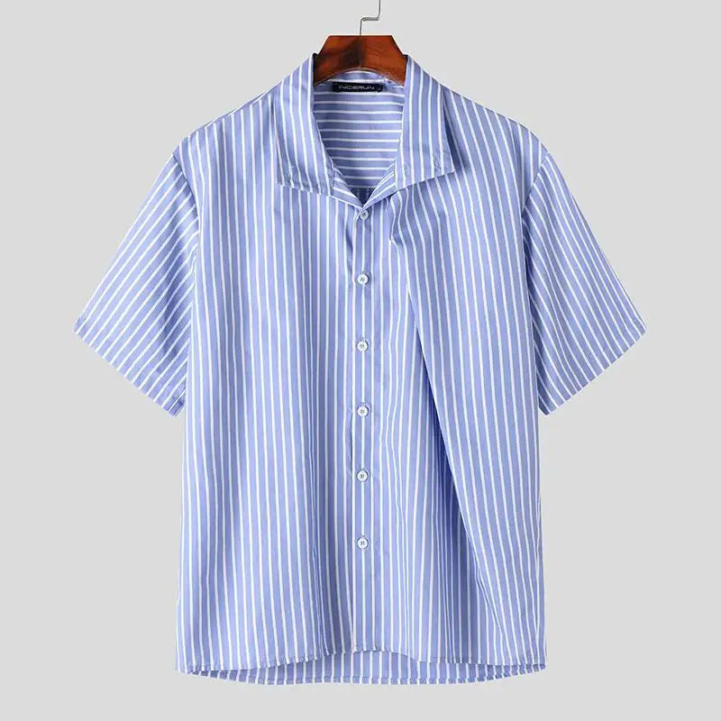 maoxiangshop 2024 Men Striped Shirt Stand Collar Short Sleeve Summer Streetwear Men Clothing Pleated Fashion Casual Male Shirts S-5XL
