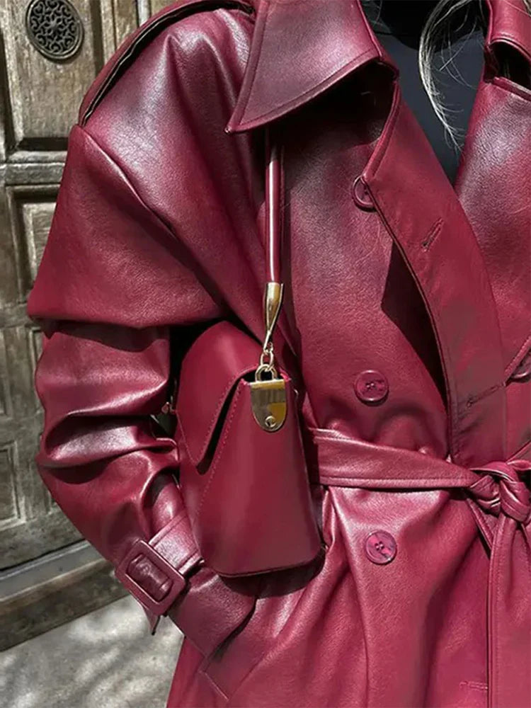maoxiangshop - Fashion Retro Wine Red Long Women's Coat Turndown Collar Double Breasted Coats with Belt Vintage Windproof Winter Overcoat