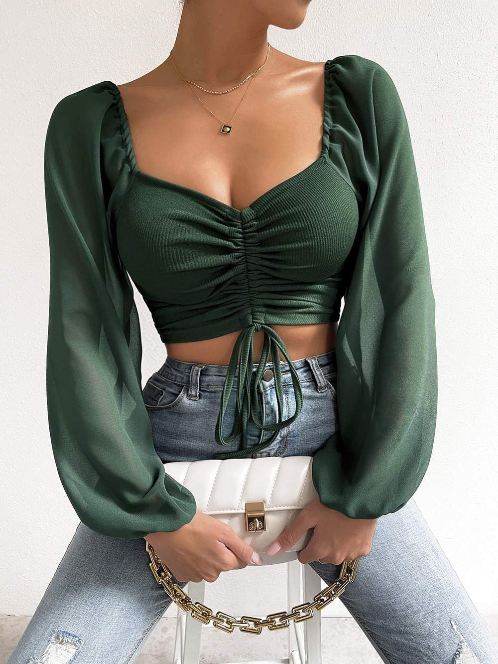 maoxiangshop Fashion Sexy Low-cut Long Sleeve Crop Tops Women Summer Autumn Slim Solid Top Femme And Blouses Chiffon Shirt