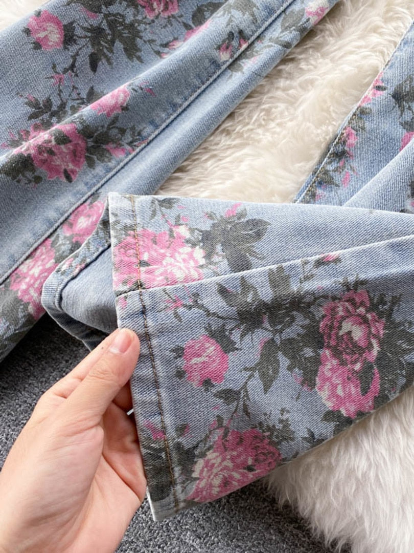 maoxiangshop Flowers Print Jeans Women Vintage High Waist Denim Long Pants Fashion Autumn Casual Wide Leg Full Length Denim Trousers