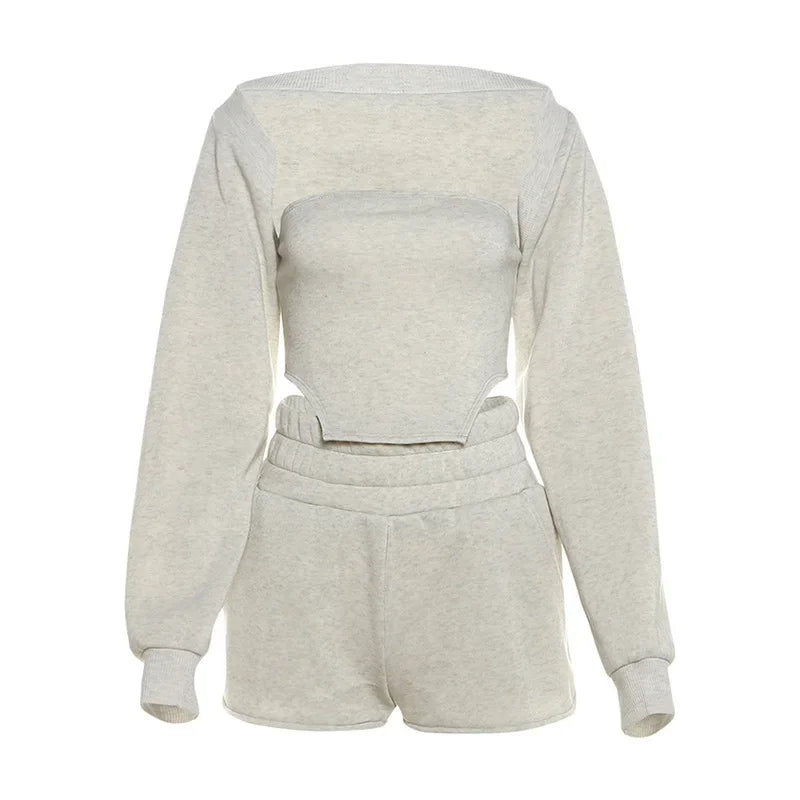maoxiangshop - 2024 Fall Winter Women Solid Sweatsuits 3 Piece Set Strapless Tanks Top + Long Sleeve Cardigans + Shorts Casual Streetwear Suits