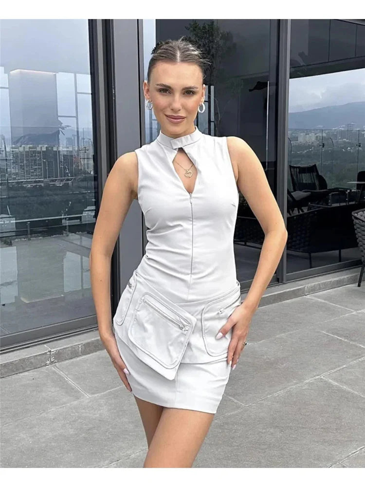 maoxiangshop - Womens Fashion Streetwear High Waist Gray Short Dress Ladies Autumn New Casual Sleeveless High Collar Mini Dresses