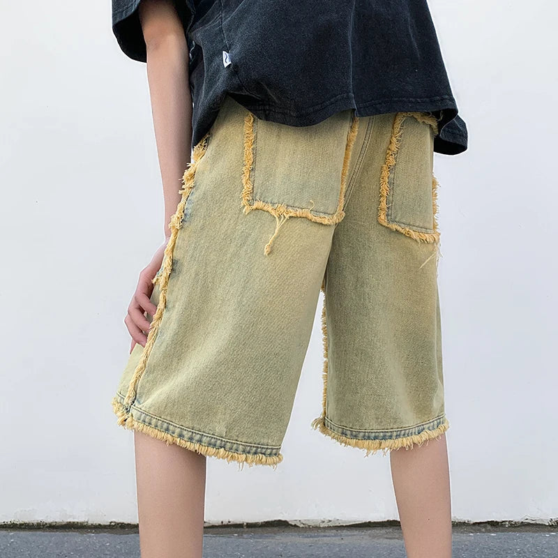 maoxiangshop American High Street Men's Wide Leg Denim Shorts Summer New Fashion Casual Baggy Short Jeans Male Chic Burrs Clothes