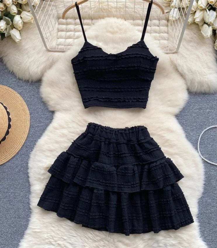 maoxiangshop Sweet Ruched Two Pieces Sets V Neck Strap Crop Tops+Short Pleated Skirt Women Korean Style Chic Summer Beachwear Suits