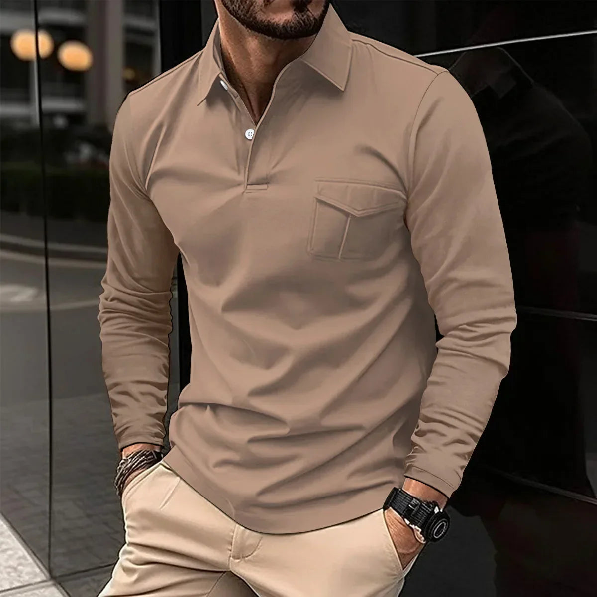 maoxiangshop Autumn And Winter New Sports Polo Shirt Men's Long-sleeved Casual Lapel Polo Shirt Solid Color Pocket T-shirt