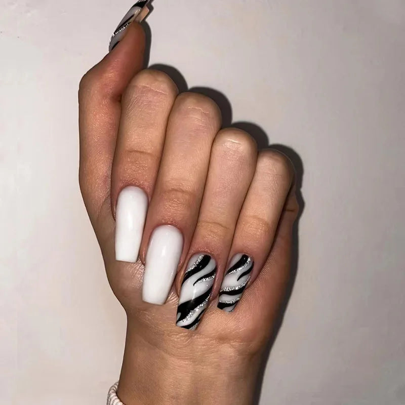 maoxiangshop 24Pcs Long Ballet False Nails Long French Fake Nails with Heart Designs Wearable Coffin Press on Nails Full Cover Nail Tips