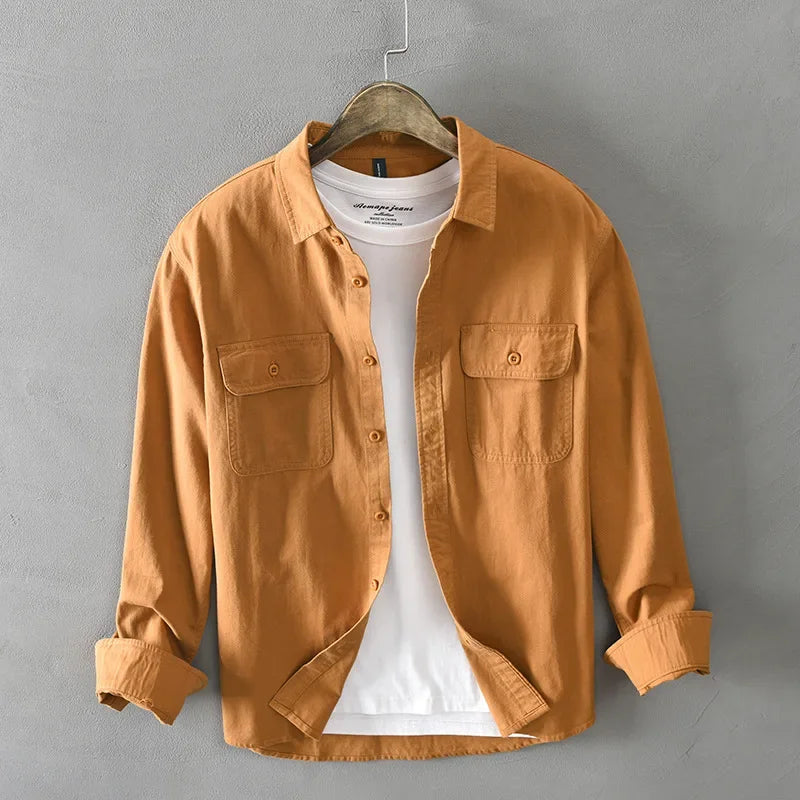 maoxiangshop Spring and Autumn New Men Men's White Long Sleeve Shirt Pure Cotton Retro Style Button Up Pocket Male White Clothes Top