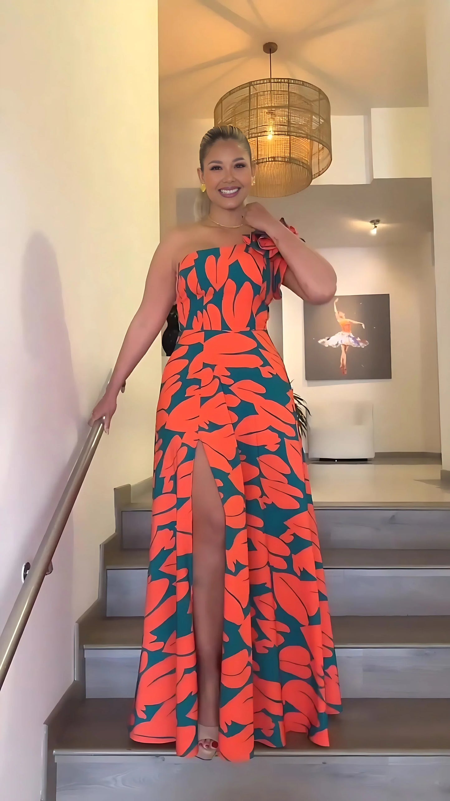 maoxiangshop Women's Elegant Floral Printed Long Dresses, Casual Strapless, A Line Dresses, Ladies Side Split, Summer