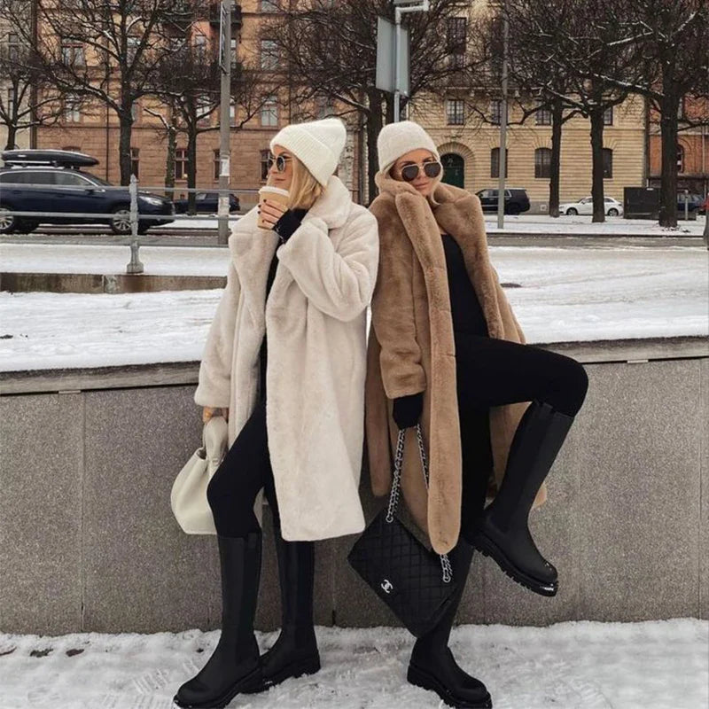 maoxiangshop - Luxury Winter Long Overcoats Women Oversized Lapel Belted Faux Rabbit Fur Coat Jacket Female Plus Size Outerwear Plush Fur Coats