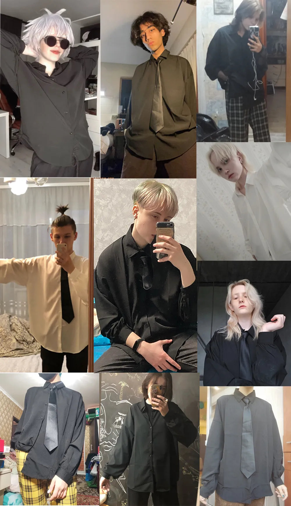 maoxiangshop Black Long-sleeved Shirts Men Korean Comfortable Blouses Casual Loose Single Breasted Shirt With Tie