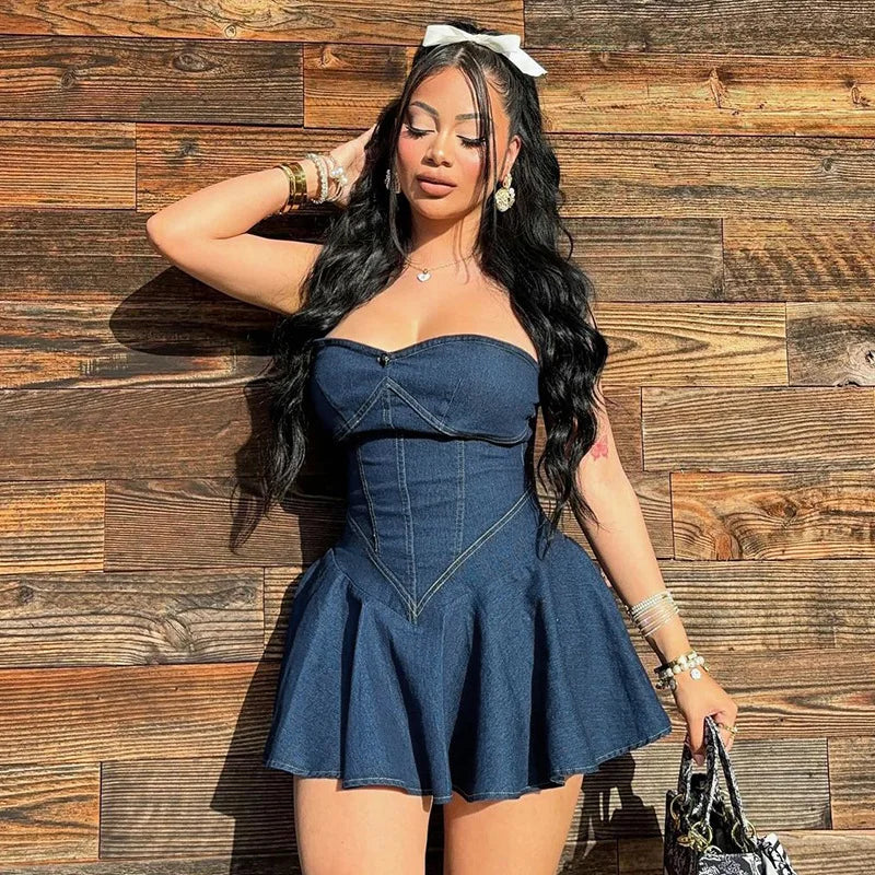 maoxiangshop - Sexy Denim Pleat Dress Y2K Streetwear Elegant Luxury Mini Dress 2024 Women Summer Fashion Clothes Cute Jean Cargo Tie Dye Dress