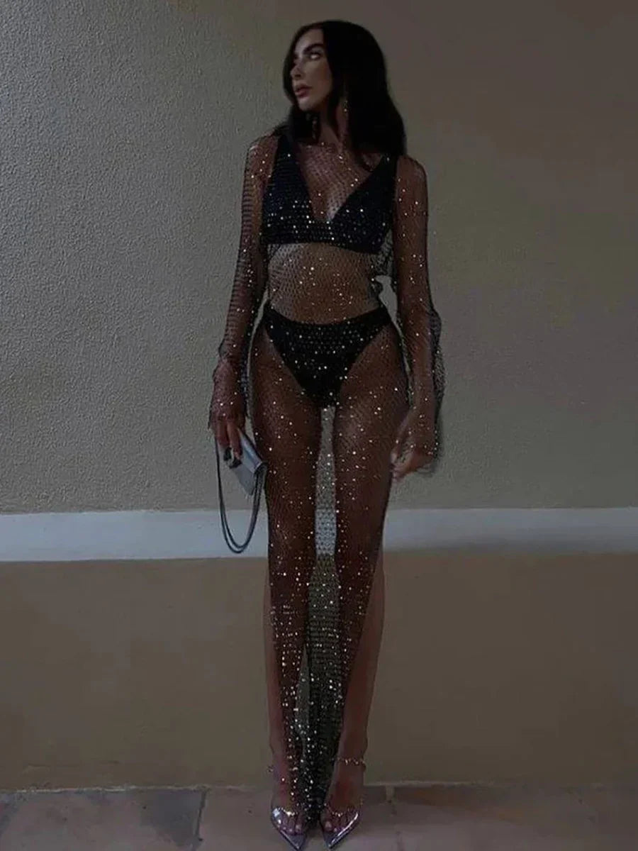 maoxiangshop-Y2K Sexy Shiny Rhinestones Grid Fishnet Dress Long Sleeve Hollow Out Side Slit Dress Beach Cover Up Breathable Lady Vestidos