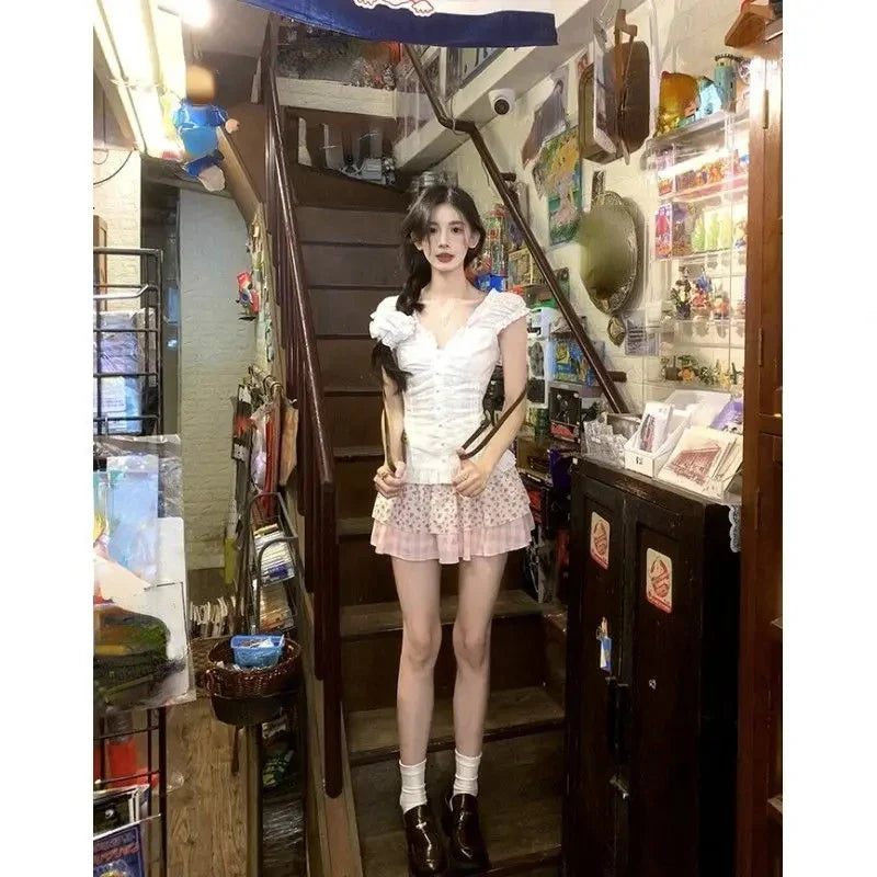 New French Elegant Fashion Women Outfits 2 Piece Skirts Set Casual Solid Blouse + Sweet Sexy Print Y2k Mini Skirt Hot Girl