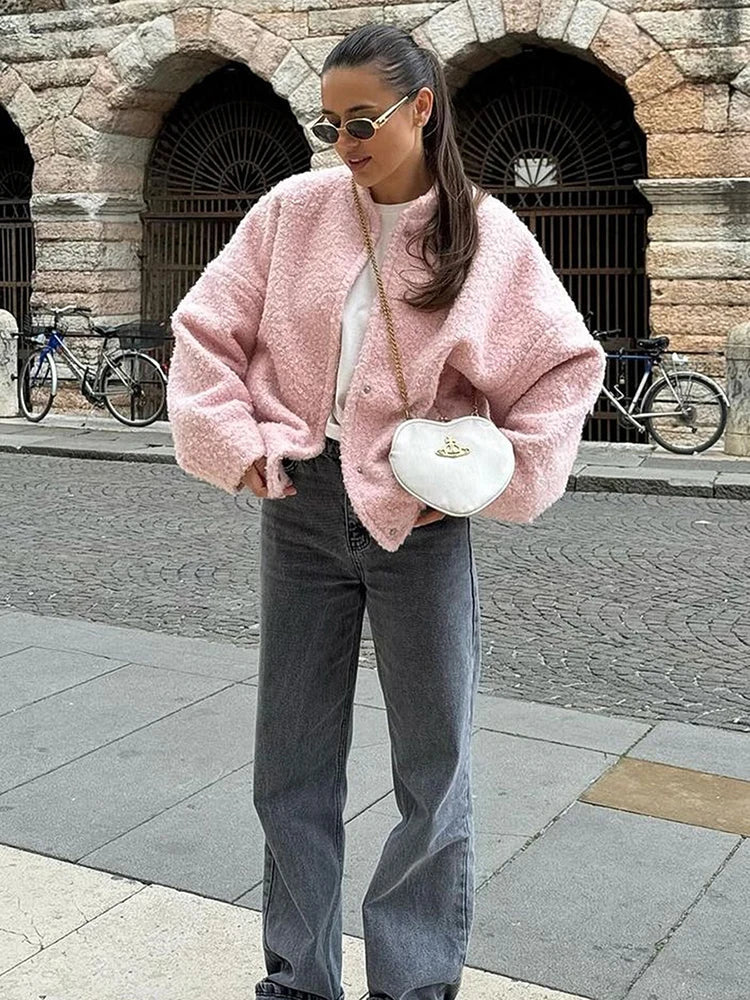 maoxiangshop - Pink Short Fur Jacket Coat For Women Autumn Winter Casual Stand Collar Pocket Loose Fashion Long Sleeve Jacket Top Female