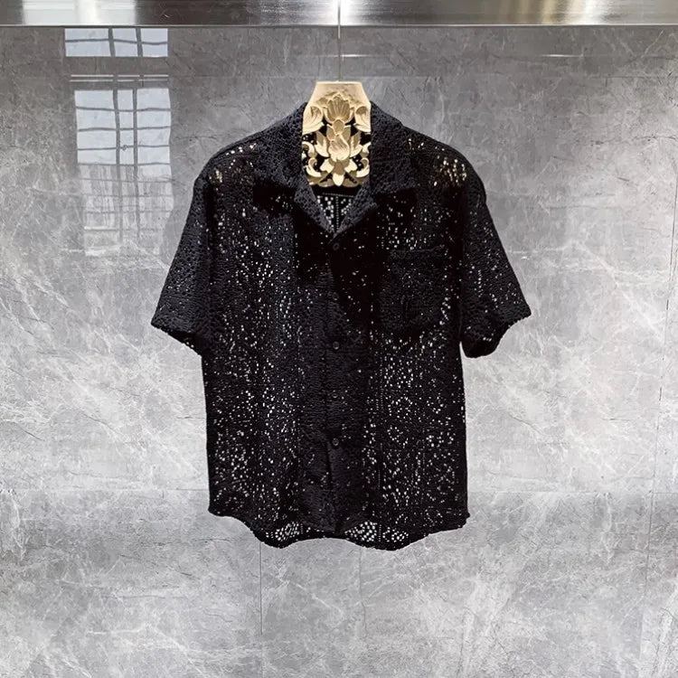 maoxiangshop Summer Mens Hollow Out Crochet Beach Shirt Short Sleeve Single Breasted Loose Fit Tops Vintage Breathable Night Clubwear Shirts