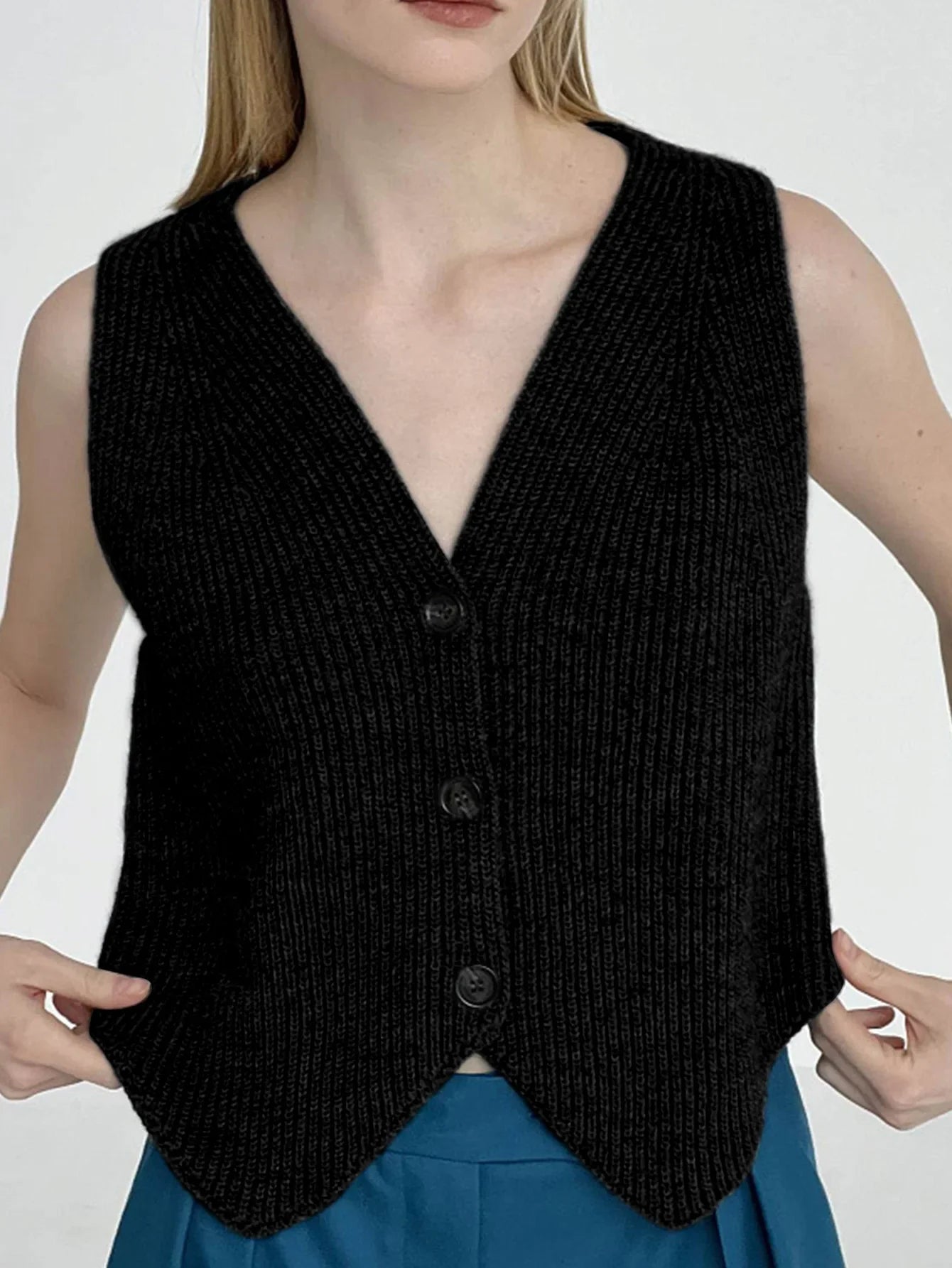maoxiangshop - Basic Knitwear Sweater Vest Grey Sleeveless Button Up V-neck Jumpers Office Ladies England Style Autumn Winter Tops Chic