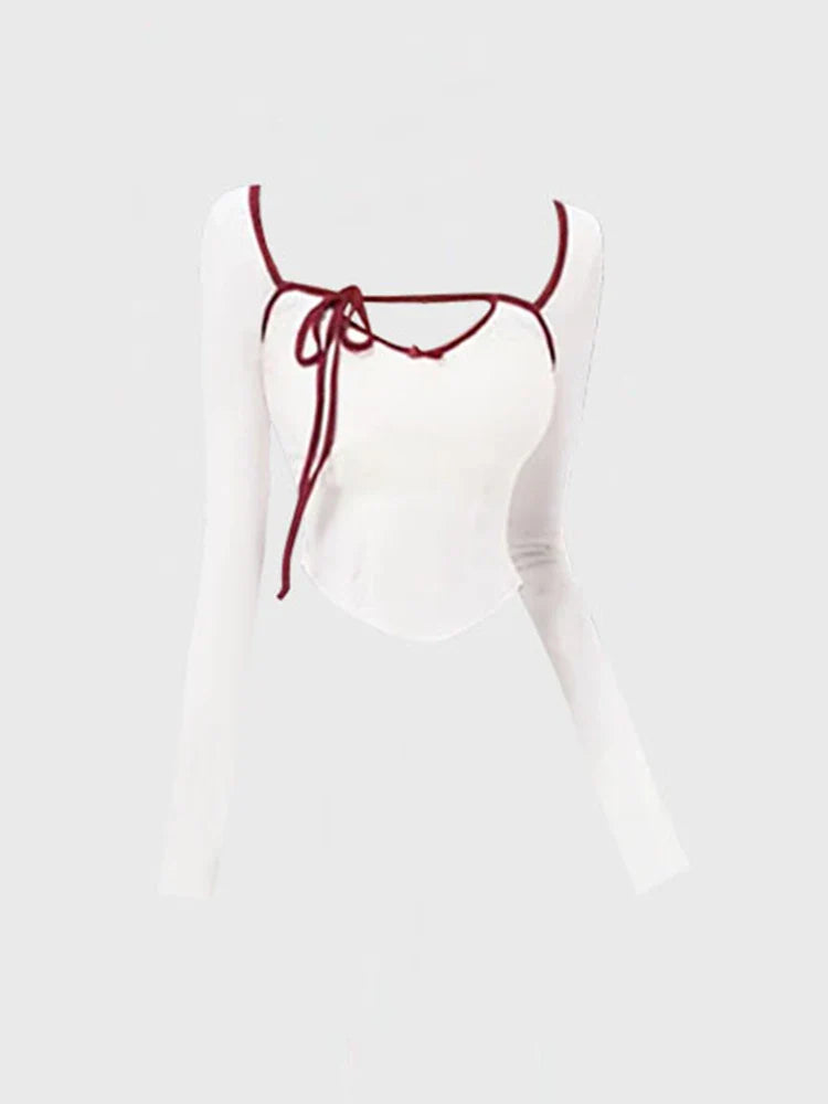 Fall Women Square Collar Skinny Crop Top Gyaru Coquette Kpop Long Sleeve T-Shirts Ballet Core 2000s Aesthetic Hot Sexy Korean