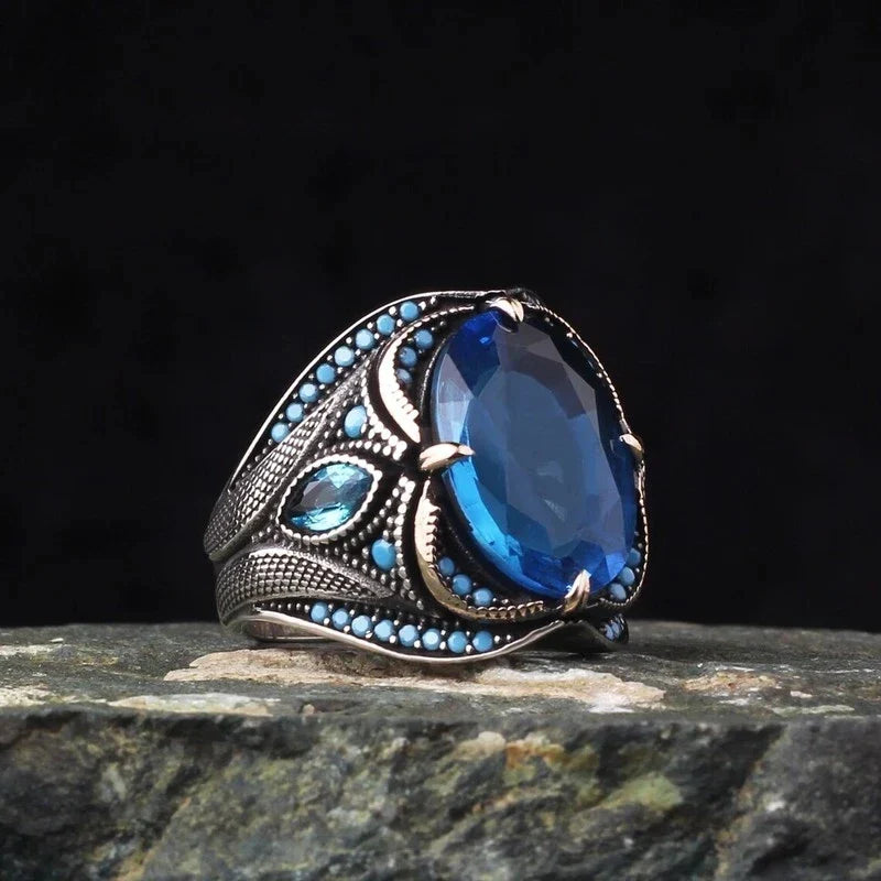 maoxiangshop Retro Handmade Turkish Signet Rings for Men Ancient Silver Color Carved Ring Mystic Zircon Inlay New Punk Motor Biker Ring