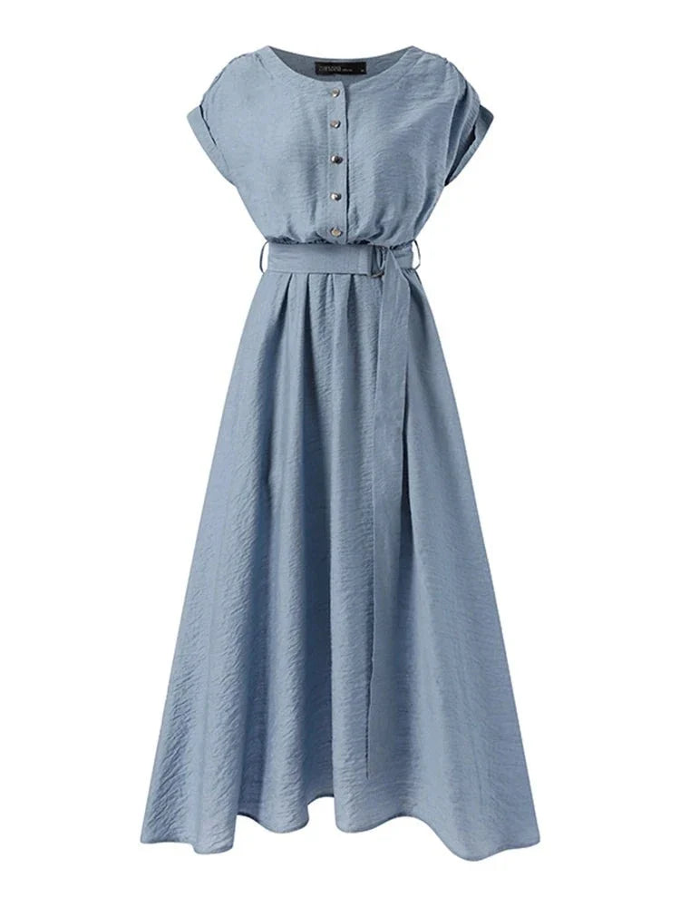 maoxiangshop Women Fashion Solid Holiday Sundress Summer Elegant Short Sleeve Party Midi Dress With Belted Casual OL Work Vestido Robe