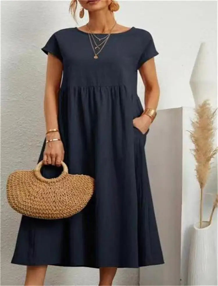 maoxiangshop Women's Elegant Solid Color Dress Summer Short Sleeve O-Neck Vintage Harajuku Cotton Linen Comfortable Loose Pocket Long Dress