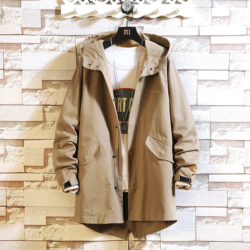 maoxiangshop Spring Men's Windbreaker New Hooded Zipper Jackets Cargo Trench Coat Mens Casual Autumn Fashion Streetwear Cotton Jacket