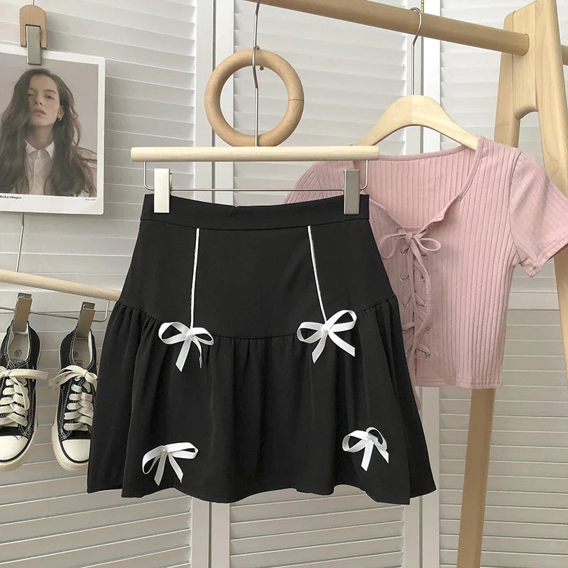 maoxiangshop - Women Korean High Waist Skirt Harajuku Preppy Solid Mini Short Skirt Ladies Casual Elegant Cute Sweet A-Line Skirts Female