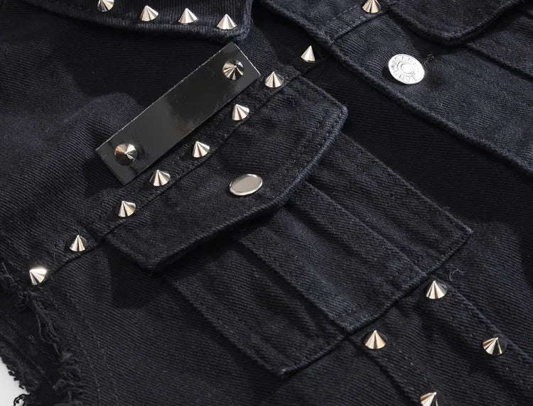 maoxiangshop Spring Fashion Men Rivet Denim Vest Punk Party Studded Slim Fit Jean Jacket Male Sleeveless Waistcoat for Men Plus Size 6XL