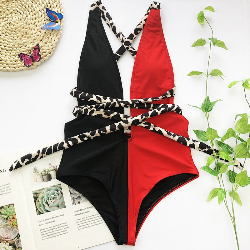 maoxiangshop Fashion Sexy Plunging Swimsuit One Piece Swimwear Women Summer Backless Bathing Suit Women Belted Swimming Suit for Women Bakini
