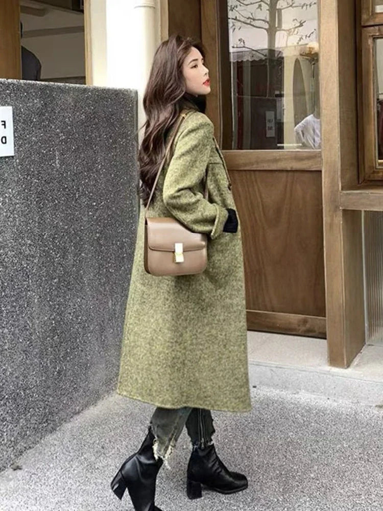 maoxiangshop - 2024 Autumn Winter Fashion Woolen Coat Women's Clothing Solid Color Lapel Double Breasted Loose Long Overcoat Lady Jacket