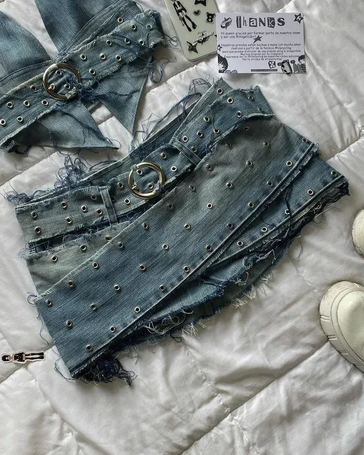 maoxiangshop - Y2K Harajuku Gothic Leather Jacket Casual Skirts Gothic Fashion Leather Patchwork Two Piece Clothing gothic Women Hot Sweetheart