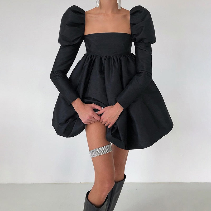 maoxiangshop Women's Off Shoulder Flounce Puffy Sleeve High Waist Ruffles Mini Dress Bohemian style Prom A-Line Dress