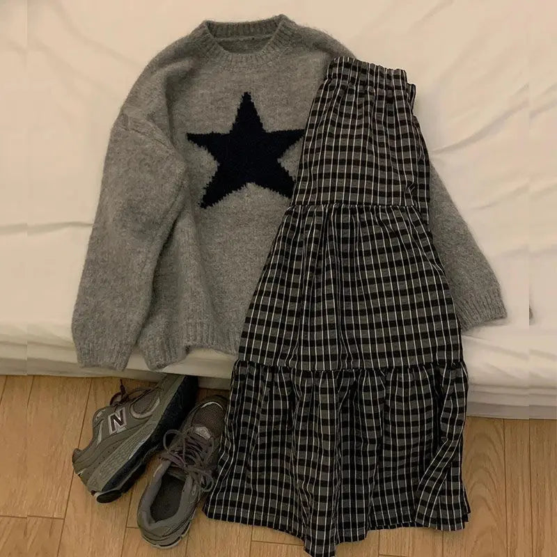 maoxiangshop - Autumn/Winter New Retro Casual Two Piece Set Women Outfits Simple Grey Round Neck Knitted Sweater+Plaid Skirt Maxi Skirt Set