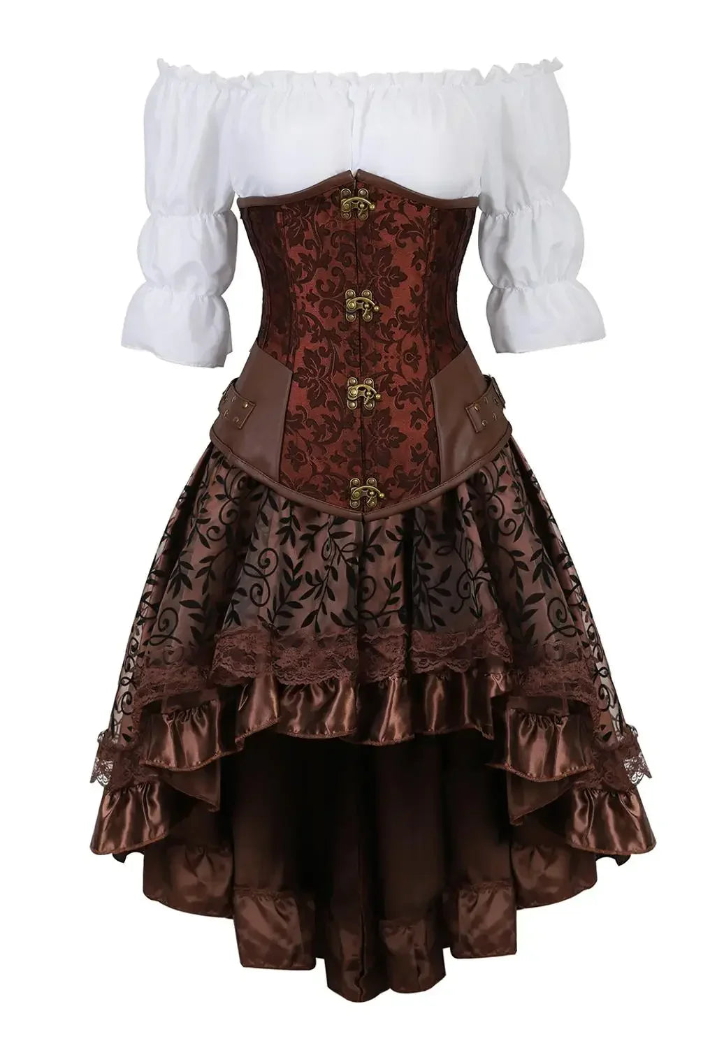 maoxiangshop - Leather Corset Plus Size 3 Piece Outfits for Women Steampunk Steel Boned Bustier Underbust Skirt Blouse Set Pirate Rave Costume