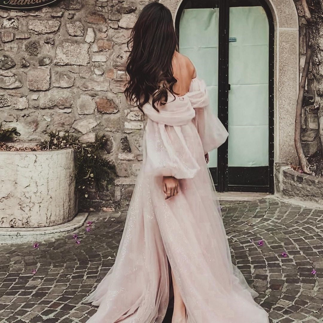 maoxiangshop Pink Shiny Tulle Prom Dresses Off The Shoulder Long Puff Sleeve Evening Party Gowns Slit Women Arabia Wedding Dress