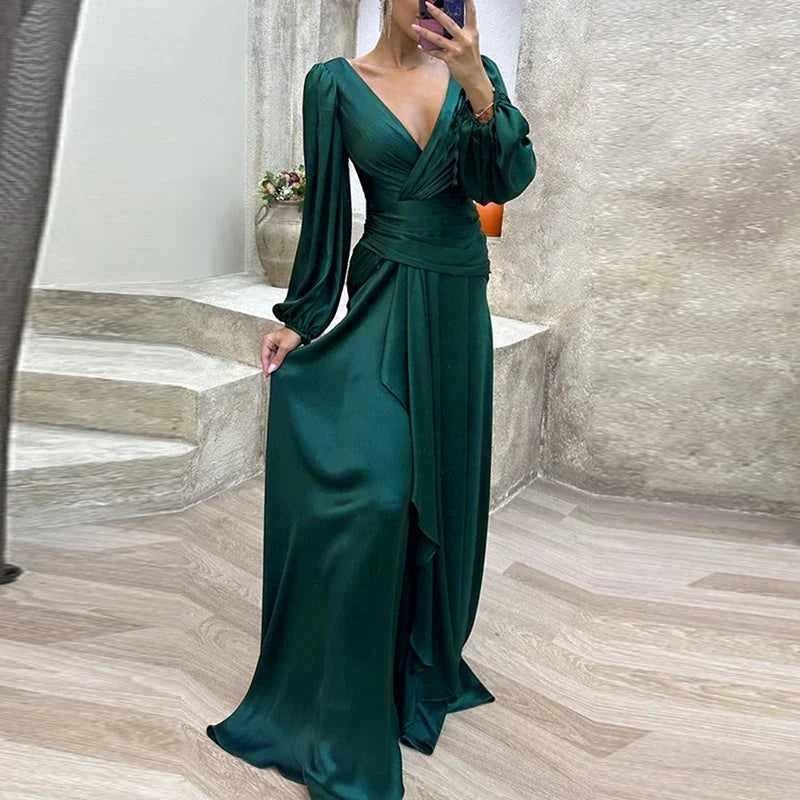 maoxiangshop Cocktail Full Length Women Hem Maxi Dress Luxury Female V-neck Waist Party Dress Elegant Lantern Sleeve Ruffle Satin Dresses