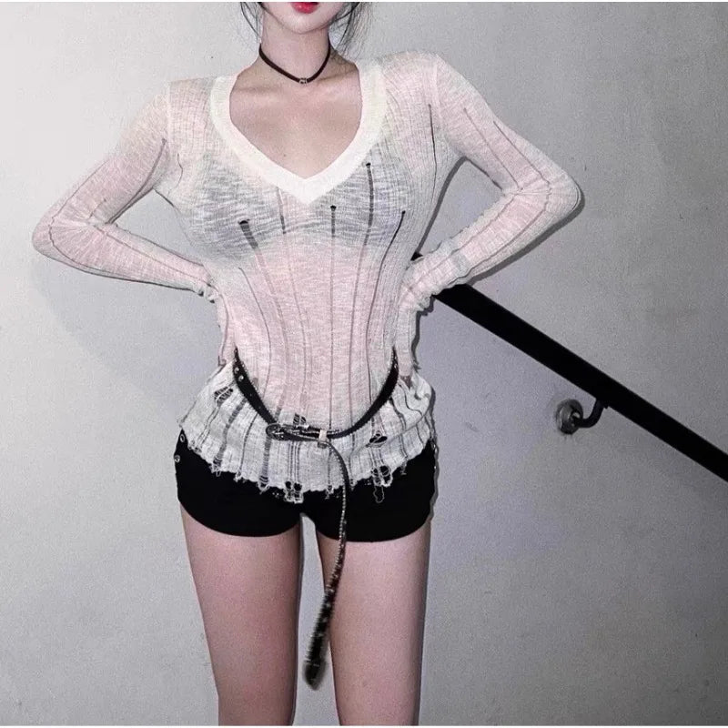 maoxiangshop Coquett Y2K Women's Knit Sweater Hollow Out Knitwear V Neck Pullovers Spring See Through Jumper Harajuku Fashion Grunge