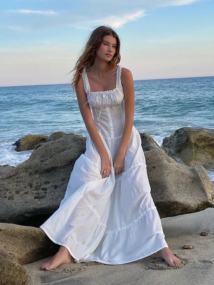 maoxiangshop Bowknot White Summer Women's Dress Elegant Tank Beach Long Sundress Vestidos Sleeveless Holiday Chic Black Slim Maxi Dress 2024